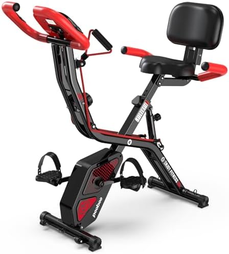 pooboo folding X-frame exercise bike, red and black