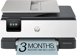 HP OfficeJet Pro 8125e all-in-one printer with touchscreen, white and gray
