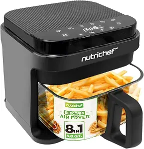 Nutrichef air fryer with transparent glass fry bowl, grey