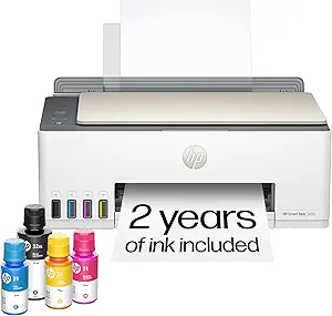 HP Smart Tank 5000 ink tank printer with ink bottles, white and gold