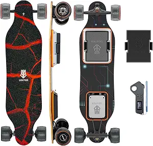 UDITER electric skateboard with swappable battery, black and red