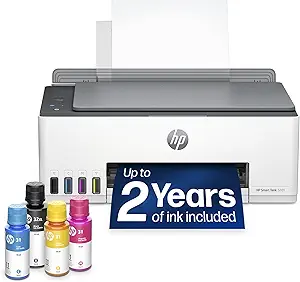 HP Smart Tank 5101 refillable printer with ink bottles, white and gray